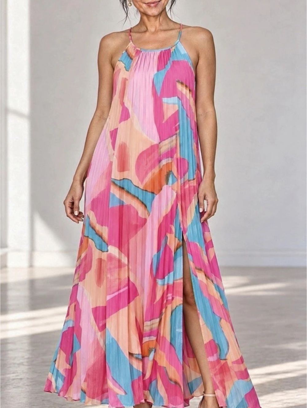Brand New Pleated Halter Maxi Dress Pink & Blue